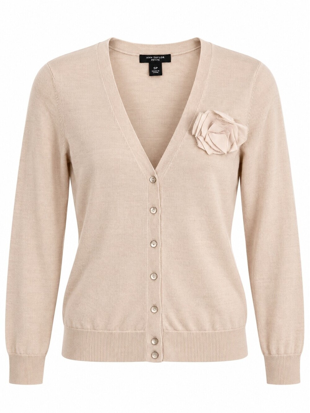 Ann Taylor Petite Women’s SP Beige Merino Wool Cardigan Flower Brooch